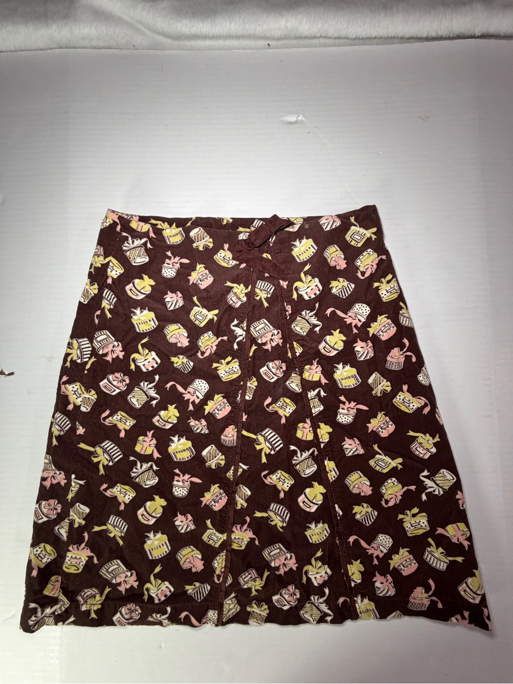 Anthropologie Odille Brown A-Line Skirt with Pink & Yellow Cupcake Print y2k